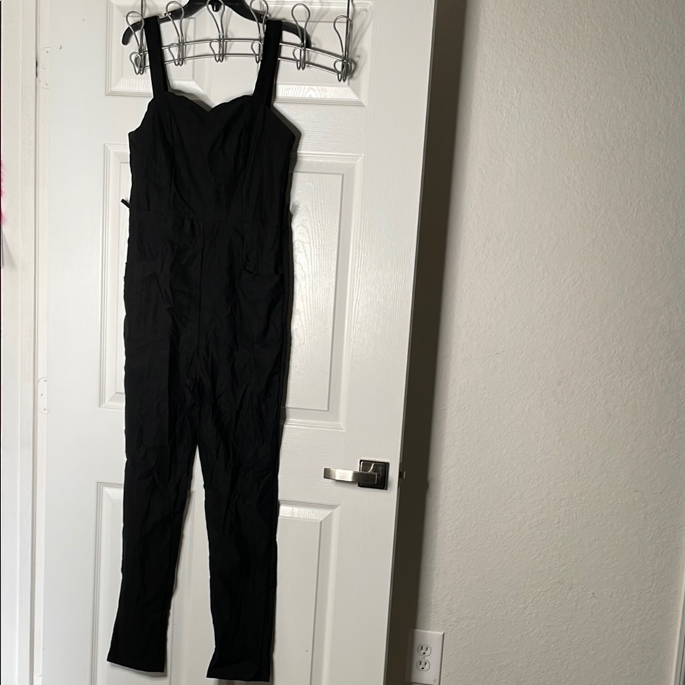 Blue leopard spaghetti strap jumpsuit with pockets